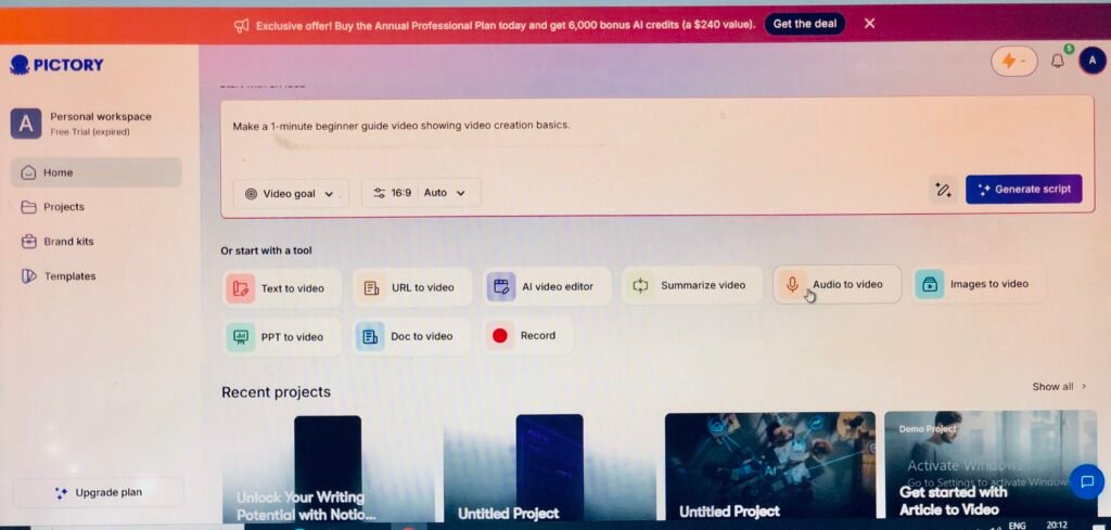 Pictory dashboard showing my expired free trial and video projects